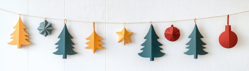 Poster - Minimalist holiday garland made of simple paper cutouts, hanging against a plain white wall