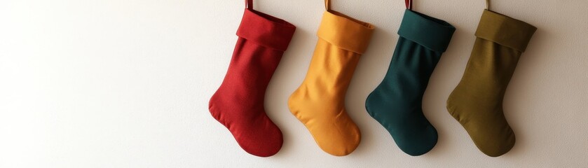 Poster - Minimal Christmas stockings in solid colors, hanging against a plain white wall with no other decorations