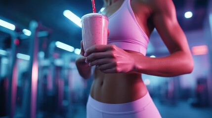 fitness woman holding smoothie glass at gym background