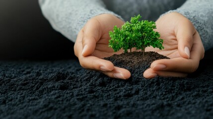 Emissions reduction plans, Hands holding soil with a small tree sapling symbolizing environmental conservation.