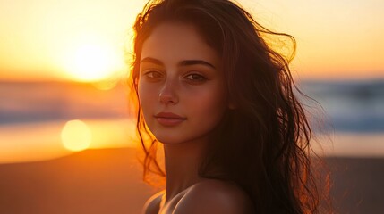 Wall Mural - A young woman with brunette hair is pictured at sunset on the beach.