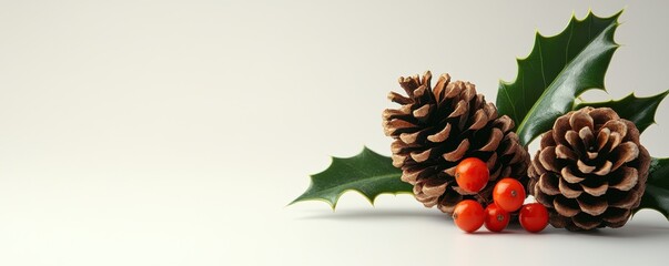 Poster - Minimalist holiday decor featuring a single pine cone and a sprig of holly, placed on a clean white surface