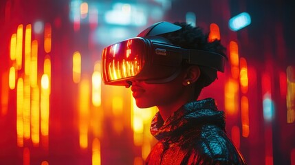 Poster - Character operating a virtual reality headset with a bright background