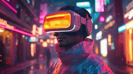 Poster - Character operating a virtual reality headset with a bright background