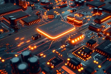 Poster - Intricate Circuit Board with Glowing Components and Complex Pathways