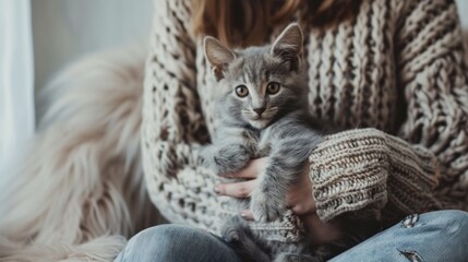 Poster - Woman holding a grey kitten.