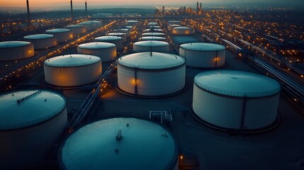 Poster - aerial view of a sprawling petrochemical processing complex with numerous massive storage tanks arra