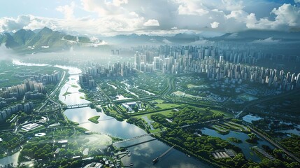 Poster - Aerial View of a Modern City with River and Mountains 3D Illustration