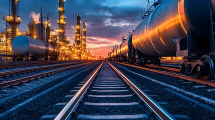 Poster - railcars filled with petrochemical products being transported through a complex network of tracks at
