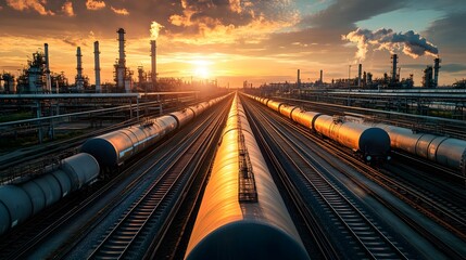 Poster - railcars filled with petrochemical products being transported through a complex network of tracks at