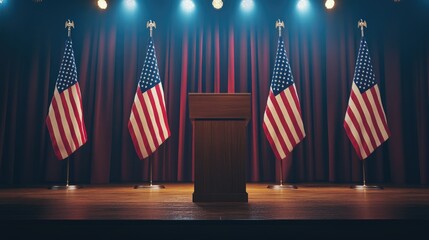 Formal podium with American flags, ready for a presidential election speech, reflecting the solemnity of the occasion.