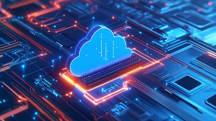 Blue cloud computing symbol connected to circuit board with glowing lights, representing data transfer and digital technology.