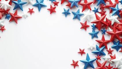 red, white, and blue stars on the right side of an empty white background, with copy space in the middle for text Generative AI