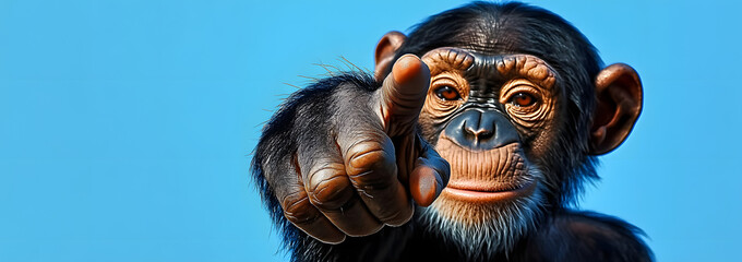 We see the finger of a serious chimpanzee - illustration on a blue background