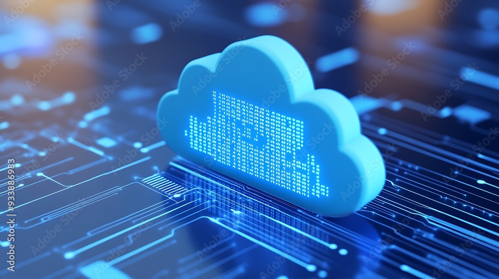 Digital cloud computing technology concept with a blue cloud shape made ...