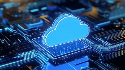 Poster - Digital cloud icon on a glowing blue circuit board, symbolizing modern cloud computing technology and data storage solutions.