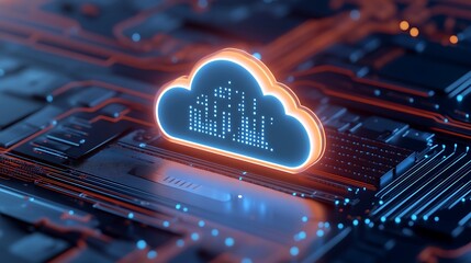Poster - digital cloud storage concept represented with glowing cloud icon on a circuit board, symbolizing mo