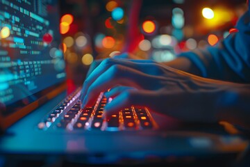 Wall Mural - Engaging in Coding: A Close-Up of Hands Typing on a Laptop Amidst a Colorful Background