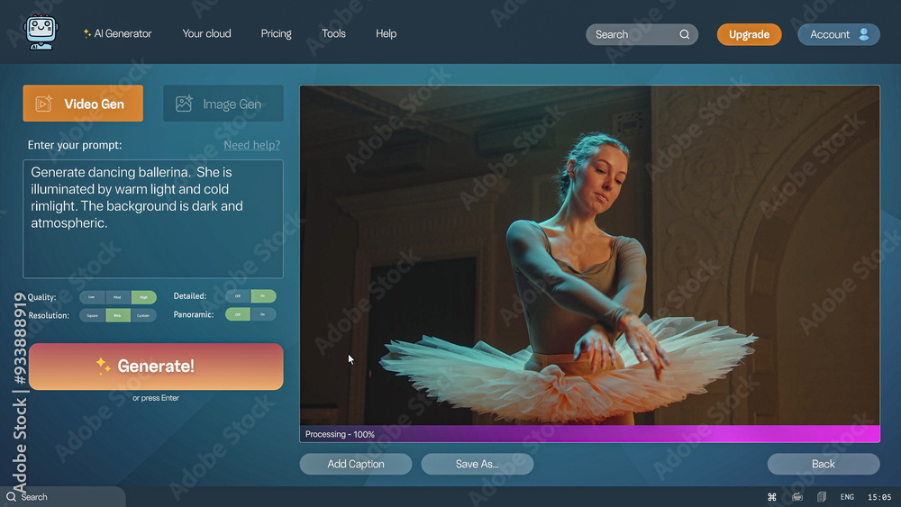 Tutu Interface User interface of AI video generator. Artificial intelligence chatbot ...