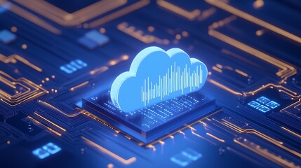 Poster - Digital representation of a cloud server in a futuristic circuit board, symbolizing cloud computing and data storage technology.