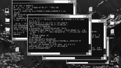 Video transition from a window tab to another on a classic computer screen interface with animated background, icons and windows. Green chroma key background.