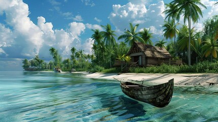 Sticker - Tropical Island Paradise with Hut, Palm Trees, and Boat - Digital Illustration