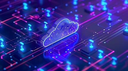 Poster - Futuristic cloud computing concept with neon lights and circuits, representing data storage and cybersecurity in a digital world.