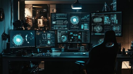 Poster - A Dark Room with Multiple Computer Monitors Displaying Technical Data