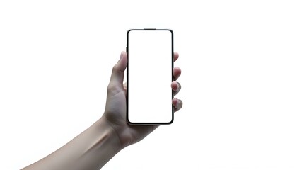 Wall Mural - Image of hand holding blank screen cellphone, white background, hand holding blank screen mobile, Mobile screen mock up, mobile mockup, screen mockup, Hand holding mobile