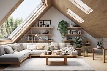 Wall Mural - close up Scandinavian home interior design of modern living room in attic with lining ceiling.