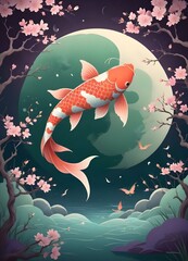 A Japanese-style illustration featuring a koi fish swimming against, moon backdrop, with Japanese text. The background has a minimalist, abstract style with blossoming tree branches