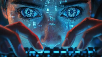 Poster - Close-up of a Person's Face with Blue Eyes and Code Overlaid Typing on a Keyboard