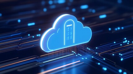 Poster - Futuristic illustration of cloud storage technology with glowing data connections, representing digital transformation and connectivity.