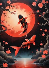 A Japanese-style illustration featuring a koi fish swimming against, moon backdrop, with Japanese text. The background has a minimalist, abstract style with blossoming tree branches