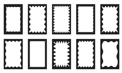 Poster - Black squiggle stories frames set. Zigzag wavy edges, retro scallop frames, psychedelic rectangles, photo frames, text boxes, tags, labels.  isolated on white background. Vector illustration. EPS 10