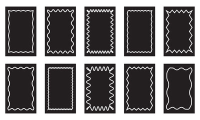 Poster - Black squiggle stories frames set. Zigzag wavy edges, retro scallop frames, psychedelic rectangles, photo frames, text boxes, tags, labels. Vector groovy shapes set. isolated on white background. EPS