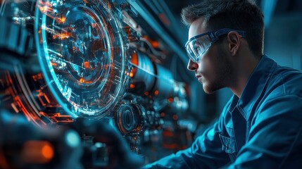 Poster - A man in safety glasses observes a futuristic mechanical device.