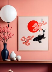 A Japanese-style illustration featuring a koi fish swimming against, moon backdrop, with Japanese text. The background has a minimalist, abstract style with blossoming tree branches