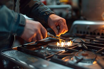 Sticker - Igniting a Gas Stove: A Close-Up of Hands at Work