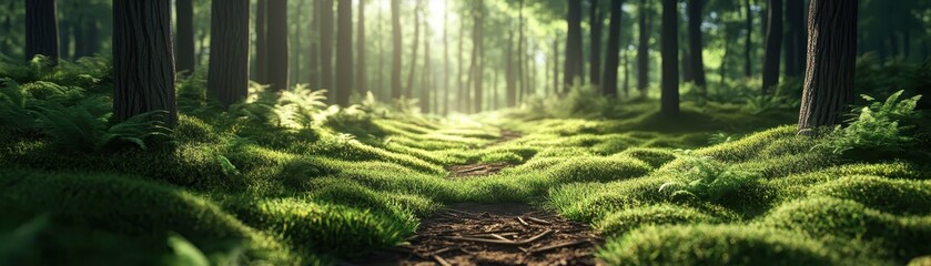 Sunlight streaming through a lush green forest with a serene pathway covered in moss, offering a tranquil and refreshing natural scene.