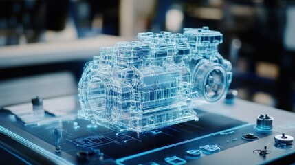 Poster - Wireframe Model of an Engine on a Technological Table