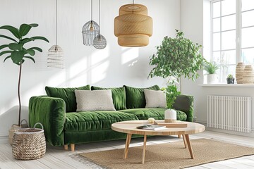 Home interior mock-up with green sofa, wooden table and trendy decoration in white bright living room, 3d render