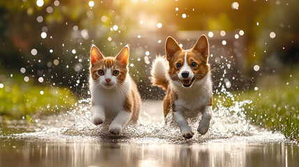 Wall Mural - Playful Cat and Dog Running Through Water in a Sunlit Garden with Bokeh Background