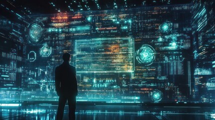 Aufkleber - A Man Silhouetted Against a Wall of Glowing Digital Data