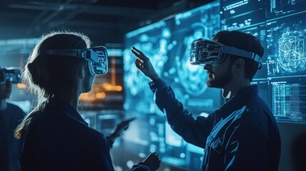 Poster - Two People Wearing VR Headsets In Front of a Large Screen Displaying Data