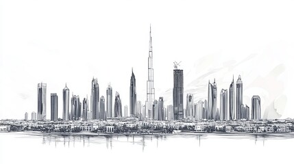 A line art vector illustration of the Dubai skyline, showcasing a panoramic cityscape.