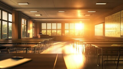 Poster - Sunlit Classroom with Desks and a Teacher at a Podium