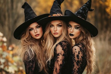 Three beautiful witch in halloween costumes with makeup on a background of the forest with generative ai