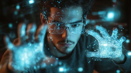 Poster - Man Wearing Futuristic Glasses Interacting With Digital Data