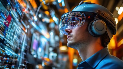 Aufkleber - Man wearing a helmet and VR headset looking at a screen